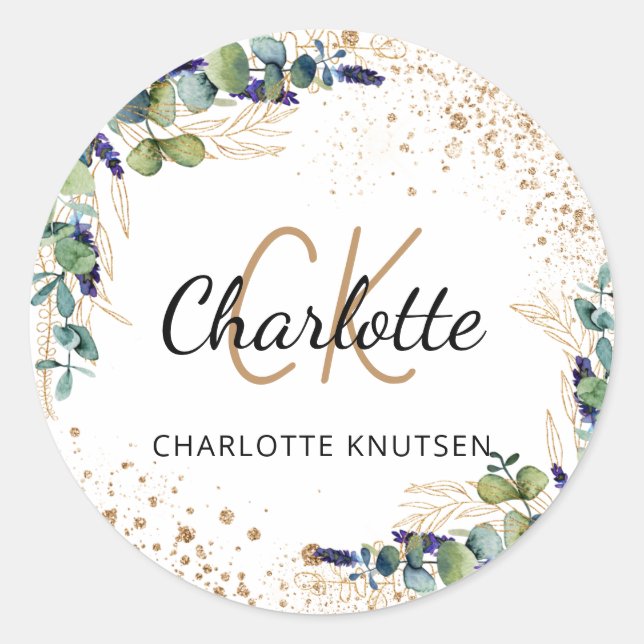 Eucalyptus greenery glitter monogram thank you  classic round sticker (Front)