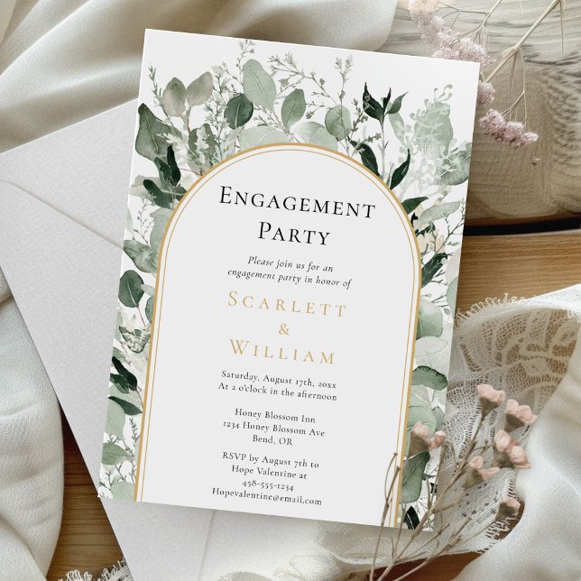 Eucalyptus Greenery Gold Arch Engagement Party Invitation (Creator Uploaded)