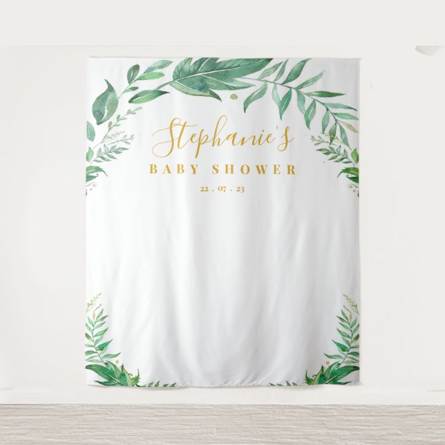 Eucalyptus Greenery Gold Baby Shower Backdrop Tapestry (Front)