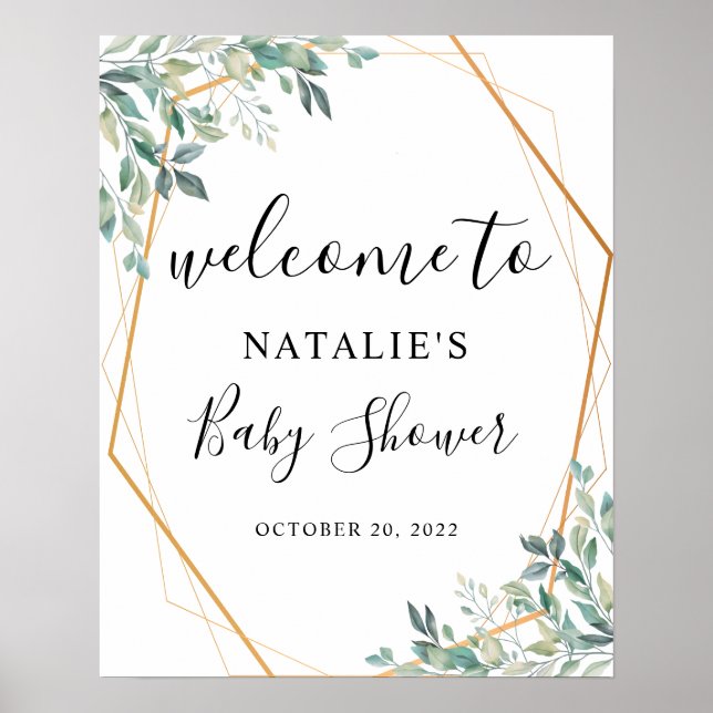 Eucalyptus Greenery Gold Baby Shower Welcome Sign (Front)