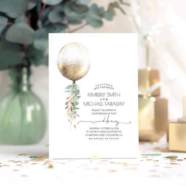 Eucalyptus Greenery Gold Balloon Elegant Wedding Invitation (Greenery Balloon Minimalist Wedding Invitations)