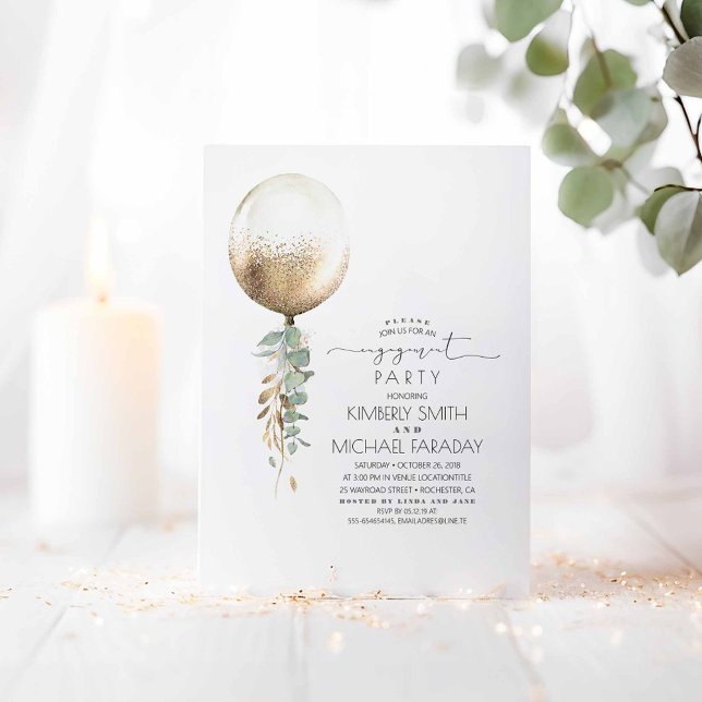 Eucalyptus Greenery Gold Balloon Engagement Party Invitation (Gold Balloon and Greenery Engagement Party Invitations)