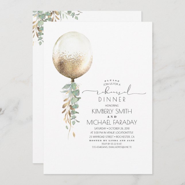 Eucalyptus Greenery Gold Balloon Rehearsal Dinner Invitation (Front/Back)