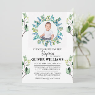Eucalyptus Greenery Gold Baptism PHOTO Invitation