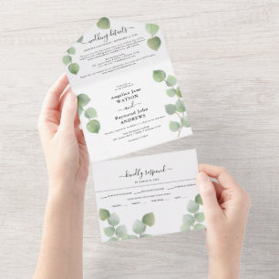 Eucalyptus Greenery & Gold Classic Wedding All In One Invitation
