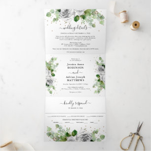 Eucalyptus Greenery & Gold Classic Wedding Tri-Fol Tri-Fold Invitation
