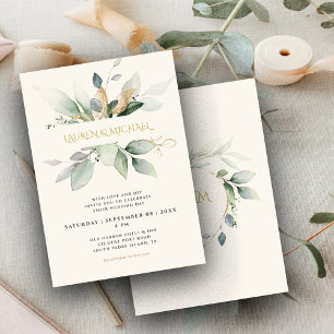 Eucalyptus Greenery & Gold Ecru Wedding Invitation
