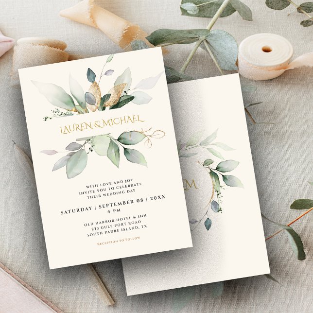 Eucalyptus Greenery & Gold Ecru Wedding Invitation (Creator Uploaded)