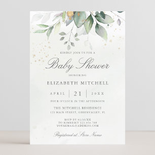 Eucalyptus Greenery Gold Elegant Baby Shower Invitation