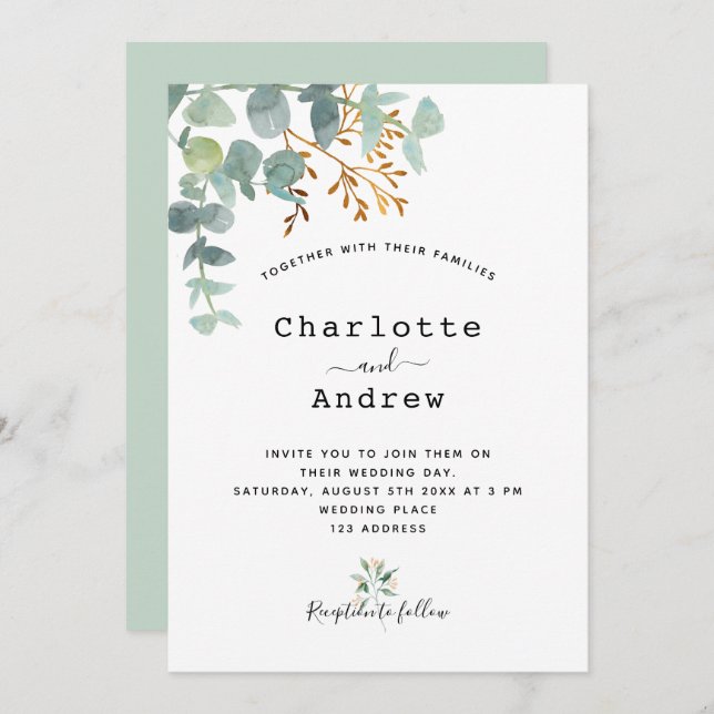 Eucalyptus greenery gold elegant script wedding invitation (Front/Back)