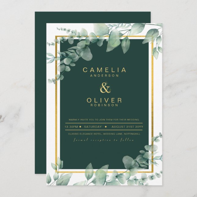 Eucalyptus Greenery Gold Emerald Wedding QR CODE Invitation (Front/Back)