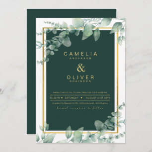 Eucalyptus Greenery Gold Emerald Wedding QR CODE Invitation