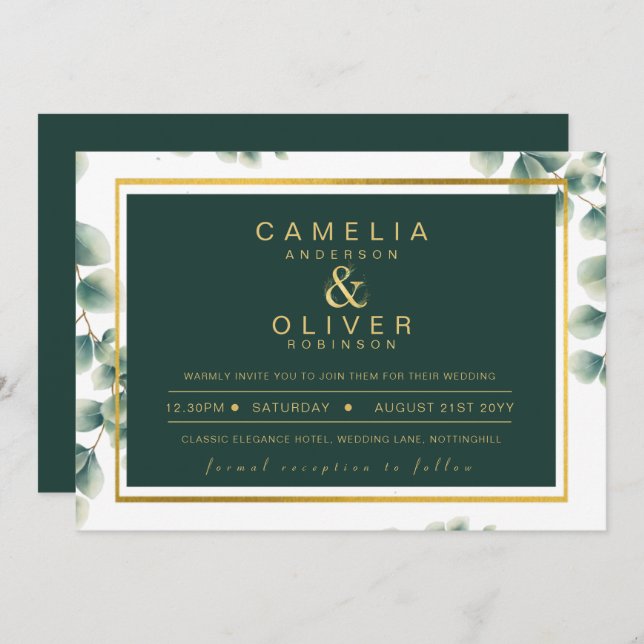 Eucalyptus Greenery Gold Emerald Wedding QR CODE Invitation (Front/Back)