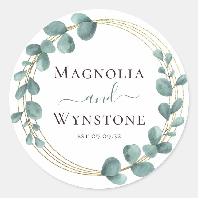 Eucalyptus Greenery Gold Foil Wedding Classic Round Sticker (Front)