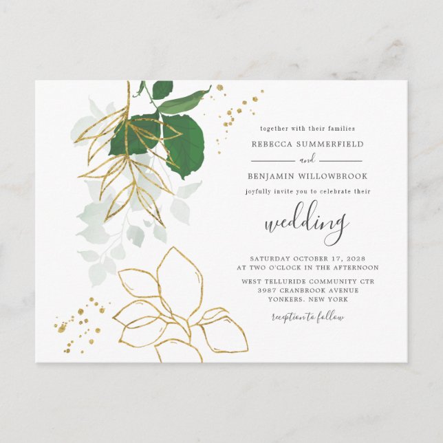 Eucalyptus Greenery Gold Foliage Geometric Wedding Invitation Postcard (Front)