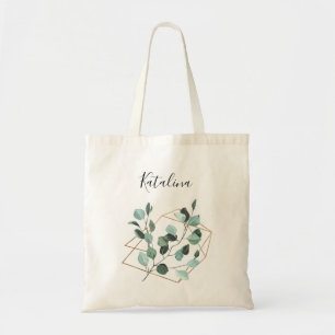 Eucalyptus Greenery & Gold Frame & Name Tote Bag