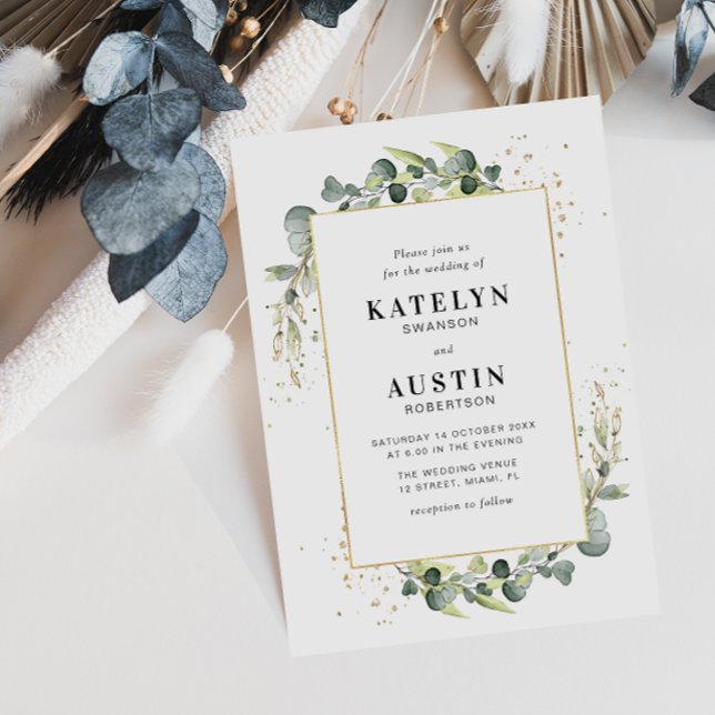 eucalyptus greenery gold frame wedding invitation (Creator Uploaded)
