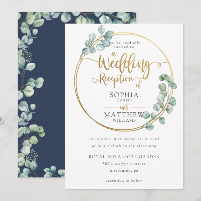 Eucalyptus Greenery Gold Frame Wedding Reception Invitation (Front/Back)