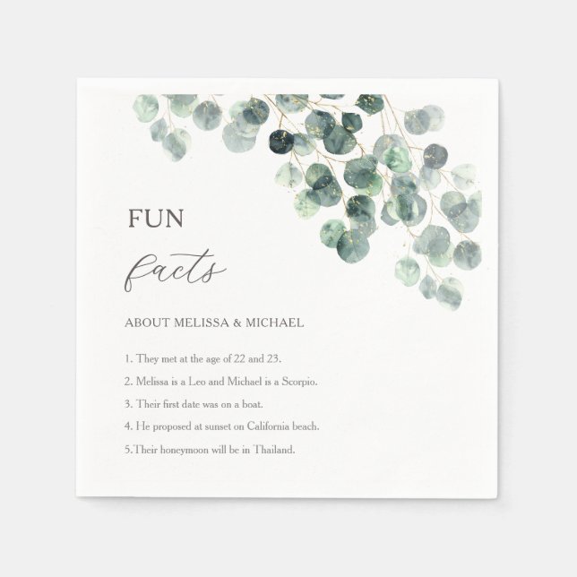 Eucalyptus Greenery Gold Fun Facts Wedding  Napkin (Front)