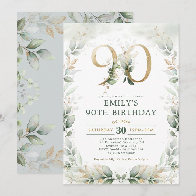 Eucalyptus Greenery Gold Garden 90th Birthday Invitation (Front/Back)