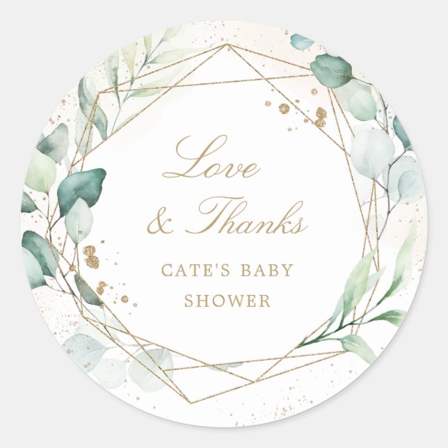Eucalyptus Greenery Gold Geometric Baby Shower Classic Round Sticker (Front)