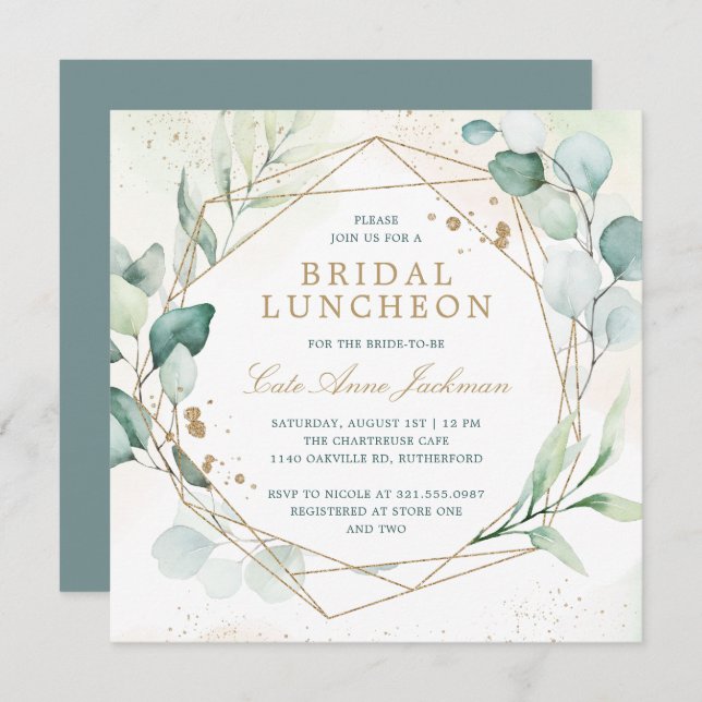 Eucalyptus Greenery Gold Geometric Bridal Luncheon Invitation (Front/Back)