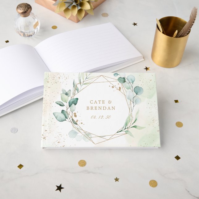 Eucalyptus Greenery Gold Geometric Elegant Wedding Guest Book (Front Open)