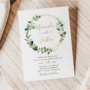 Eucalyptus Greenery Gold Geometric Frame Wedding Invitation