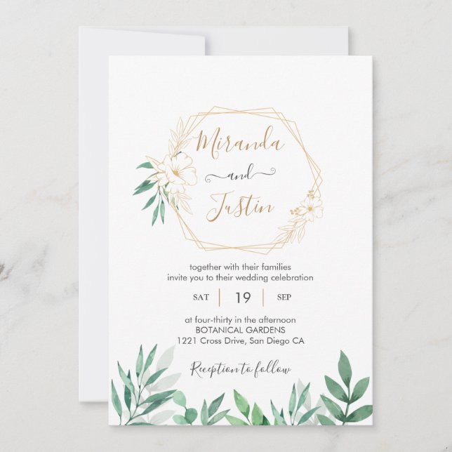 Eucalyptus Greenery Gold Geometric Frame Wedding Invitation (Front)