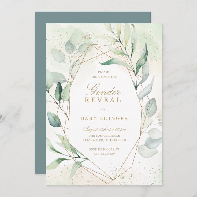 Eucalyptus Greenery Gold Geometric Gender Reveal Invitation (Front/Back)
