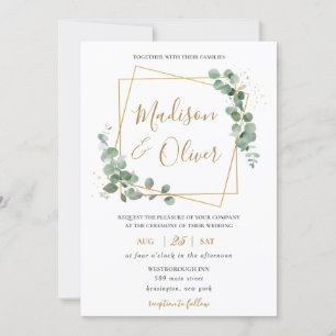 Eucalyptus Greenery Gold Geometric Modern Wedding  Invitation