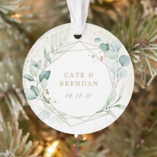 Eucalyptus Greenery Gold Geometric Photo Newlywed Ornament