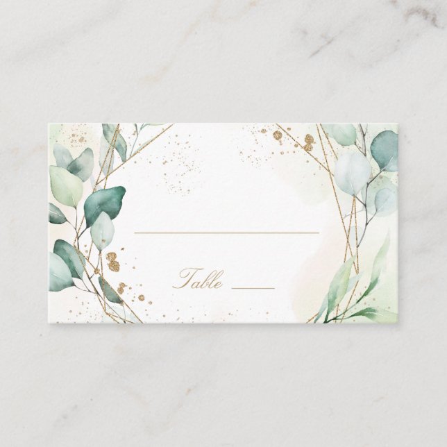 Eucalyptus Greenery Gold Geometric Rustic Wedding Place Card (Front)