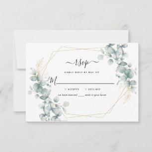Eucalyptus Greenery Gold Geometric Rustic Wedding RSVP Card