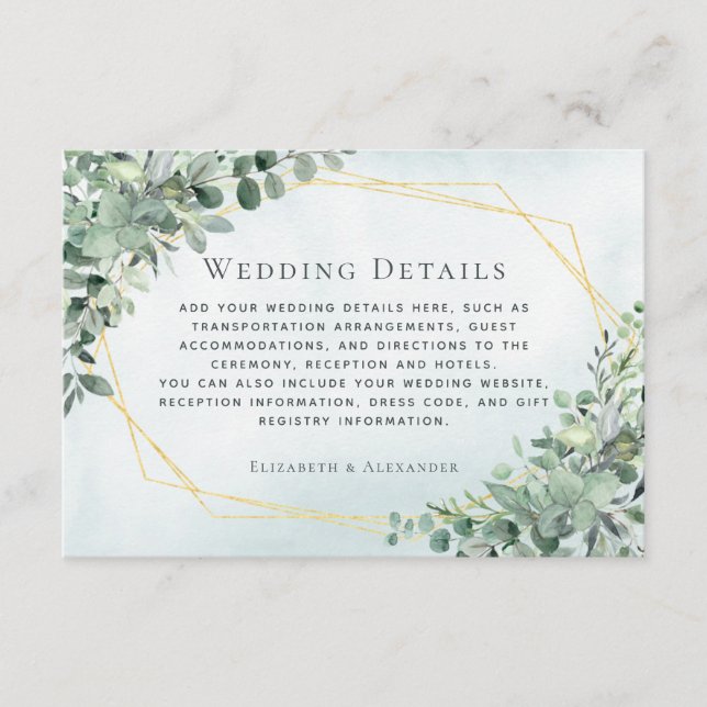 Eucalyptus Greenery Gold Geometric Wedding Details Enclosure Card (Front)