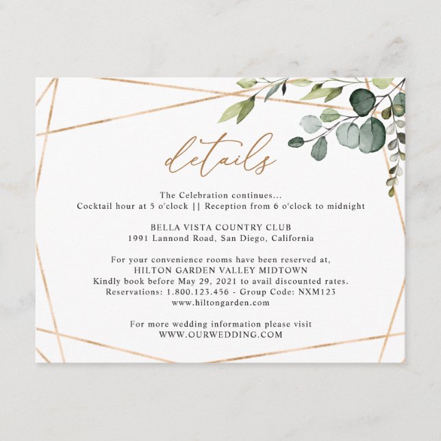 Eucalyptus Greenery Gold Geometric Wedding Details Enclosure Card (Front)