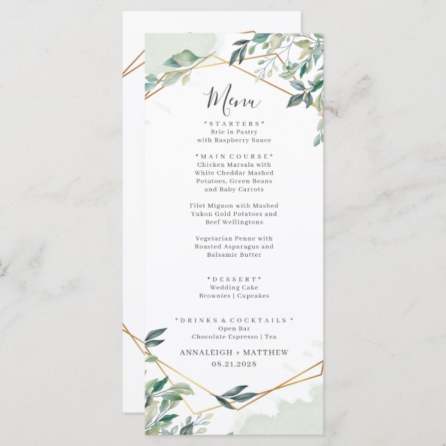 Eucalyptus Greenery Gold Geometric Wedding Menu (Front/Back)