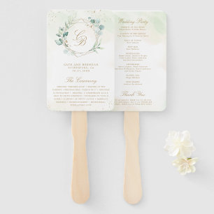 Eucalyptus Greenery Gold Geometric Wedding Program Hand Fan