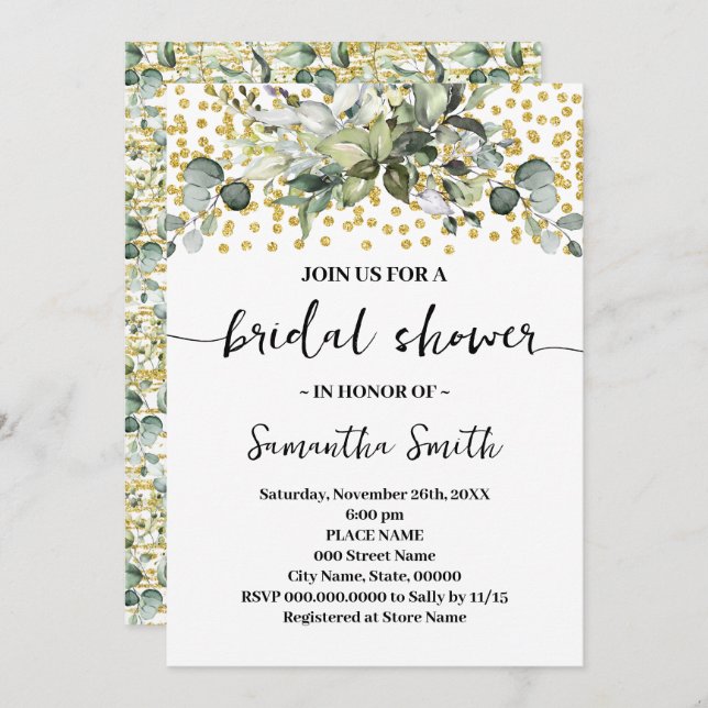 Eucalyptus Greenery Gold Glitter Bridal Shower Invitation (Front/Back)