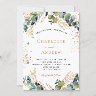 Eucalyptus greenery gold glitter elegant wedding invitation