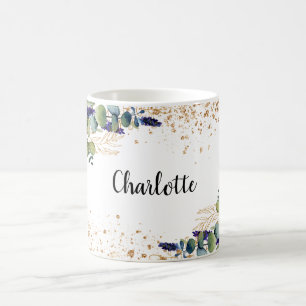 Eucalyptus greenery gold glitter name script coffee mug