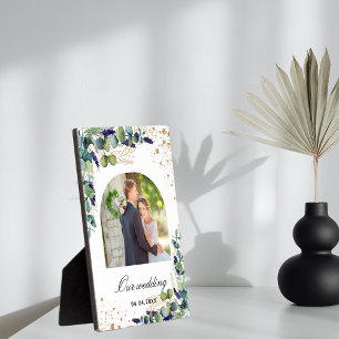 Eucalyptus greenery gold glitter photo wedding plaque