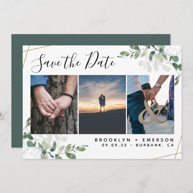 Eucalyptus Greenery Gold Glitter Photo Wedding Save The Date (Front/Back)