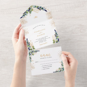Eucalyptus greenery gold glitter wedding all in one invitation