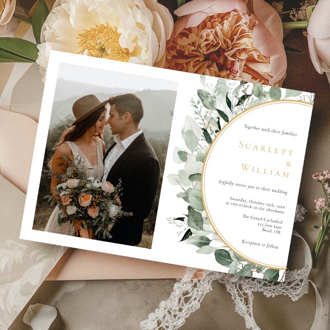 Eucalyptus Greenery Gold Horizontal Photo Wedding Invitation (Creator Uploaded)