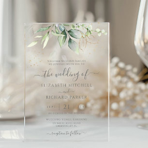 Eucalyptus Greenery Gold Leaves Botanical Wedding Acrylic Invitations