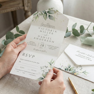 Eucalyptus Greenery Gold Leaves Botanical Wedding All In One Invitation