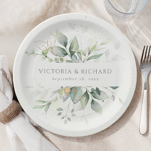 Eucalyptus Greenery Gold Leaves Botanical Wedding Paper Plate
