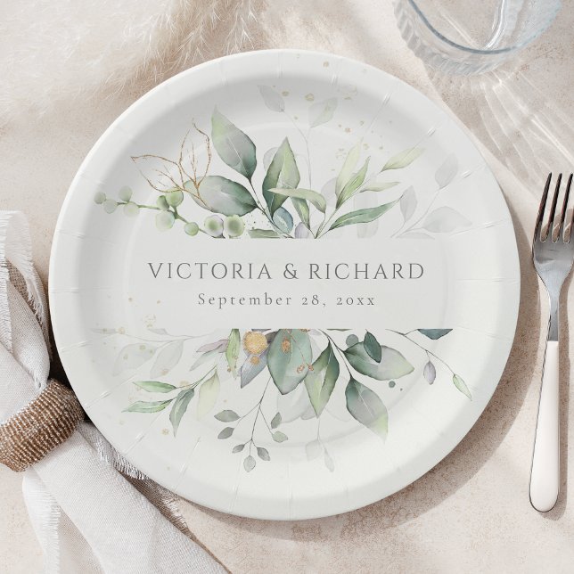 Eucalyptus Greenery Gold Leaves Botanical Wedding Paper Plate (Creator Uploaded)