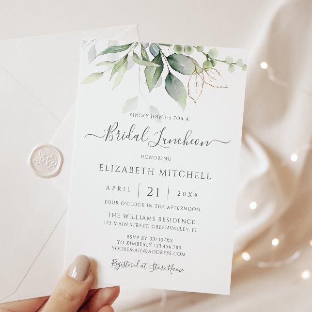Eucalyptus Greenery Gold Leaves Bridal Luncheon Invitation (Creator Uploaded)